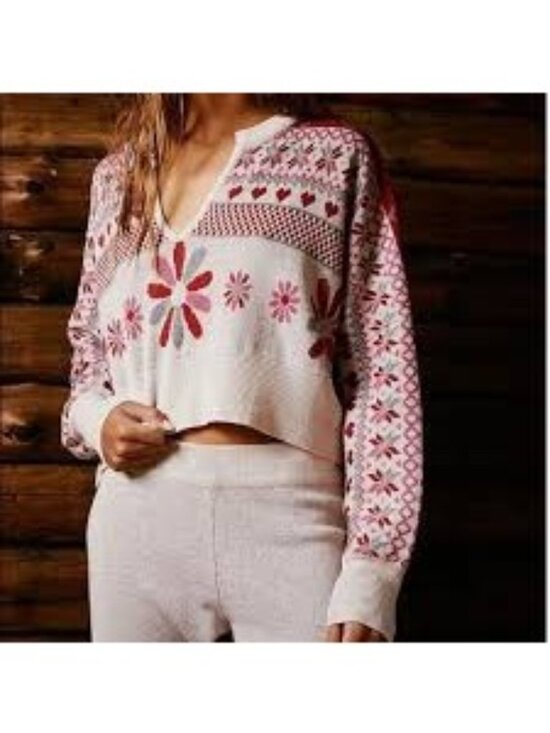 Free People Sweaters - Free People Cocoa Kisses Sweater Wool Blend Fair Isle Heart Floral Sm Loungewear